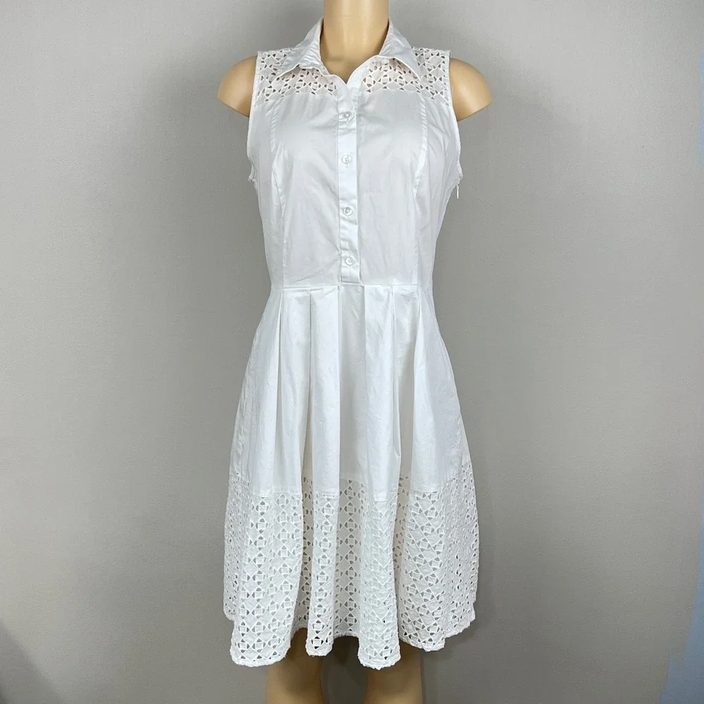 Ann Taylor Dress Eyelet Lace Fit & Flare 6 White Sleeveless Shirtdress Summer - Picture 3 of 13